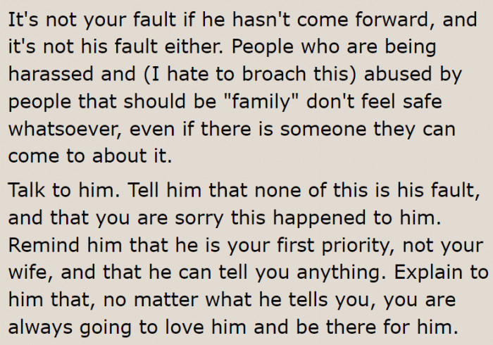 It's time for the OP to talk to his son and discover what his wife has been doing.