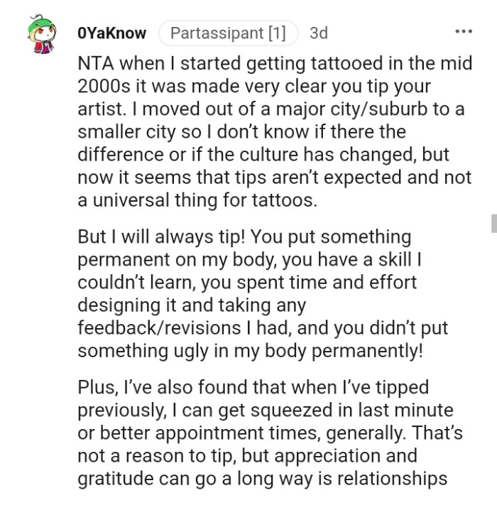 The artist didn't put something ugly on your body, so the tip is deserved.