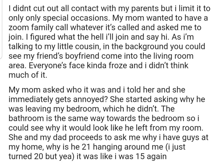 OP decided to have a family group call with her mom and other family members. However, her friend's boyfriend walked into the background, which caught everyone's attention.