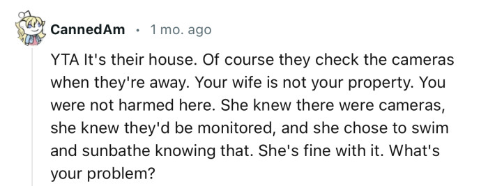 “YTA It's their house. Of course, they check the cameras when they're away.”