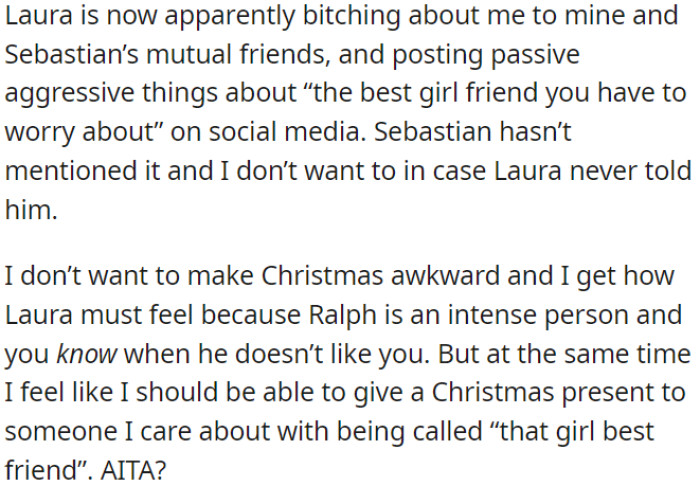 Now, she is speaking negatively about OP to mutual friends and making passive-aggressive social media posts.