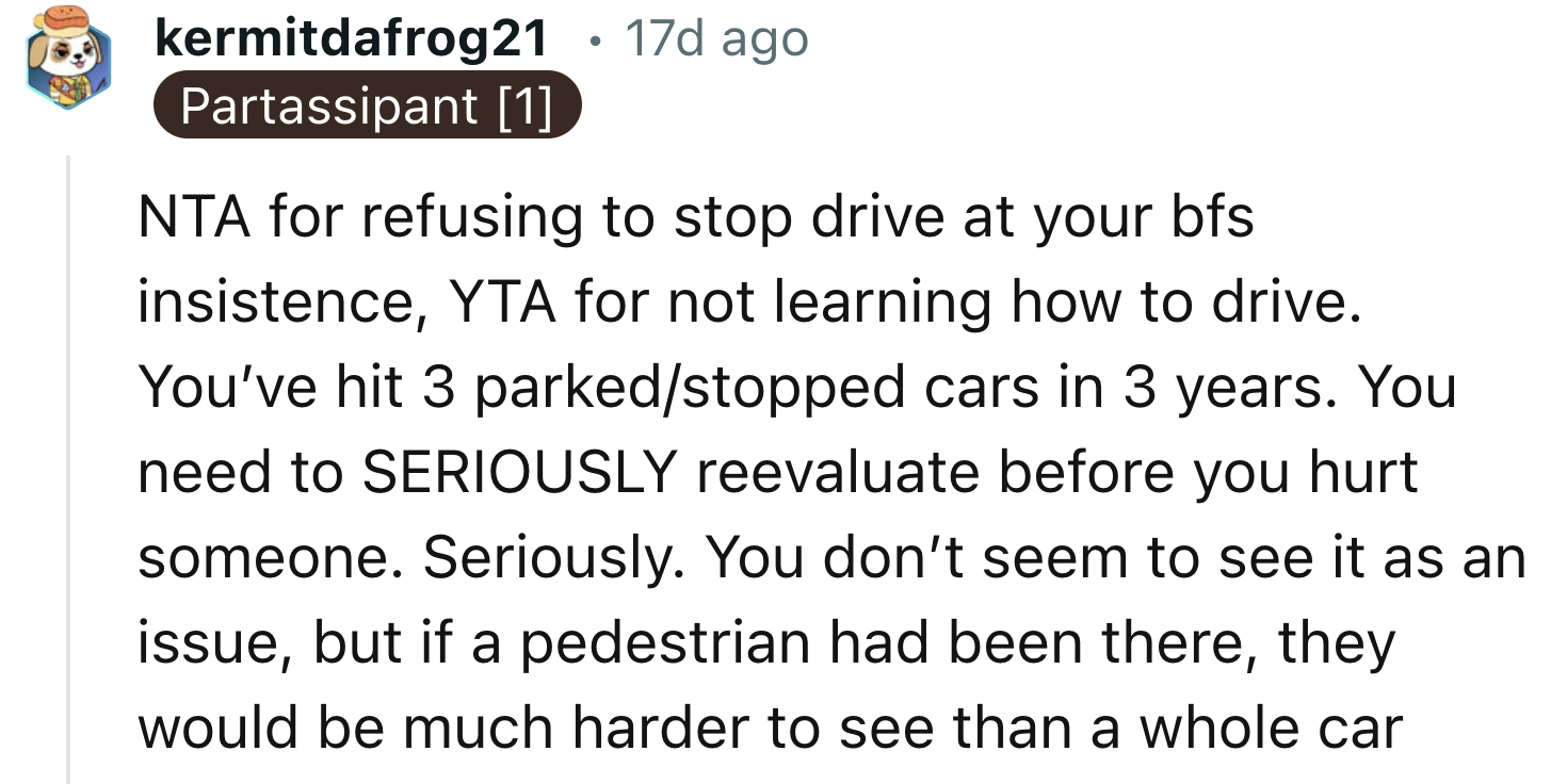 OP Needs To Reevaluate Her Driving Skills