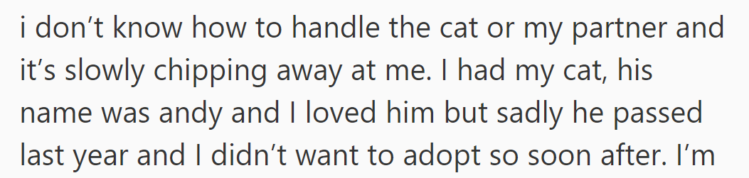 Struggling with the cat and her partner is wearing her down; she lost her beloved cat, Andy, last year.