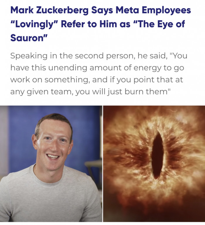 Mark Zuckerberg Says Meta Employees “Lovingly” Refer to Him as “The Eye of Sauron”