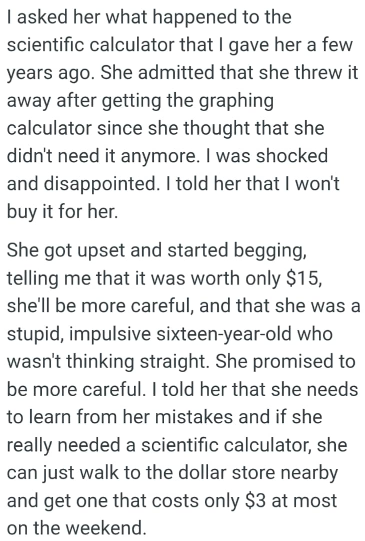 OP's daughter admitted that she threw it away after getting the graphing calculator