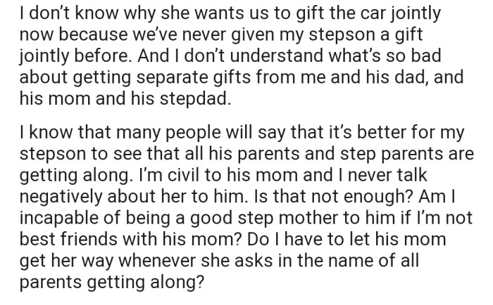 OP and their husband have never partnered with her to give the boy a gift, so why now?