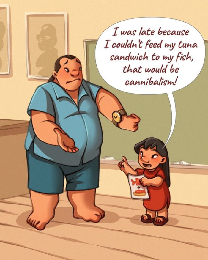 15. Lilo is always late for school.