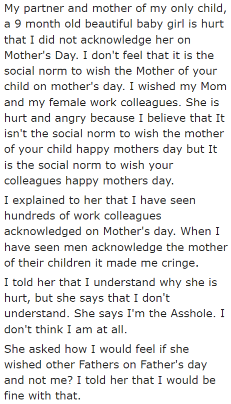 The OP tells the community that his partner is hurt over him not greeting her a Happy Mother's Day.