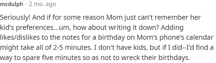 The importance of remembering and respecting a child's preferences on their birthday.