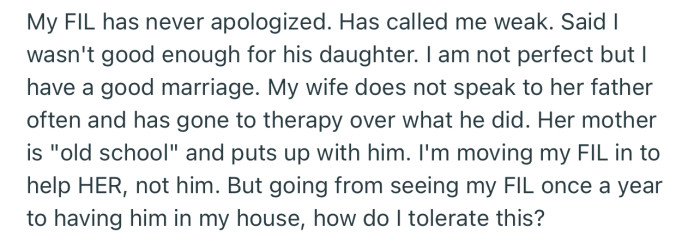 OP’s FIL never apologized for what he did
