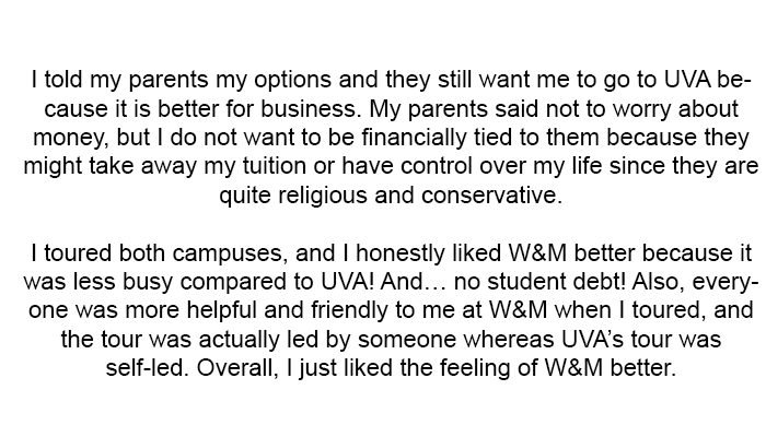 I told my parents my options, and they still want me to go to UVA because it is better for business.