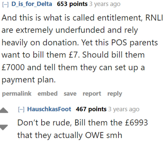 To be fair, the RNLI only needs to bill them a total of £6,993, which is reduced by the price of the inflatable.