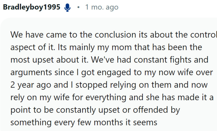 OP responded - and it is about control