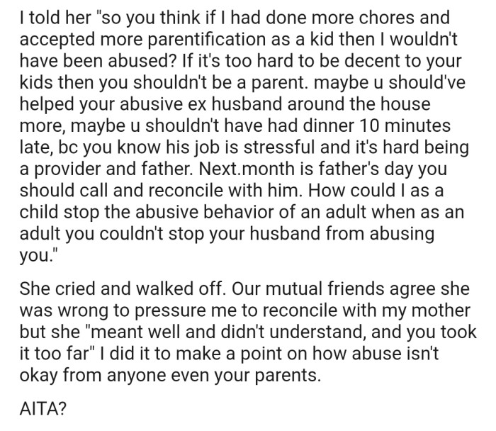 OP decided to use her friend's logic against her by telling her to call and reconcile with her abusive ex-husband for the upcoming Father's Day