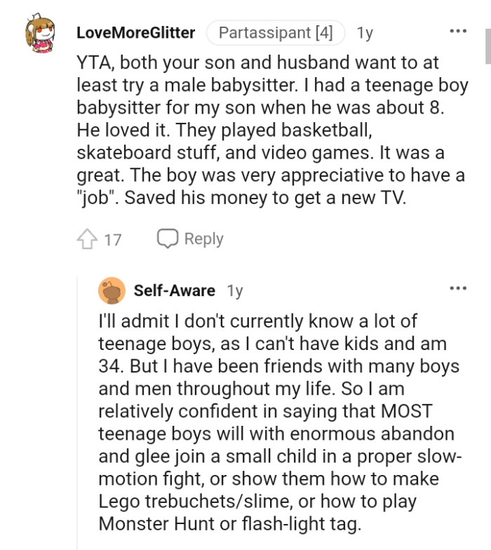 They only want to try out a male babysitter