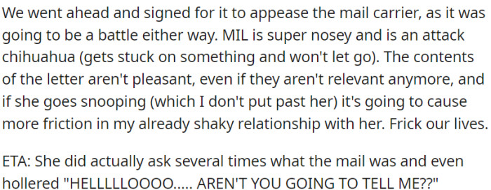 The mother-in-law is very curious about the letter's contents, but OP refrains from disclosing information to prevent further complications.