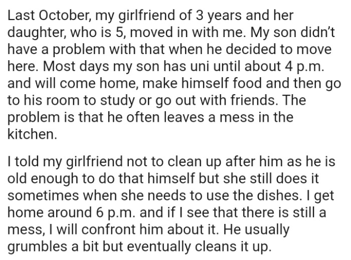The problem OP has with his son is that he often leaves a mess in the kitchen.