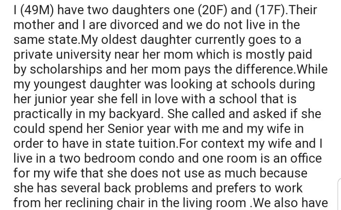 OP's Daughter Was Interested in Getting into a School Close By and Asked to Move in with Him in Order to Qualify for In-State Tuition