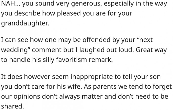 12. Her comment concerning paying for the next wedding was inappropriate.