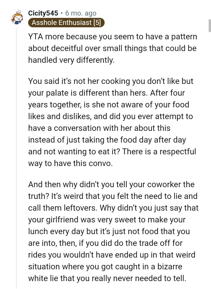 She's not aware of the OP's food likes and dislikes