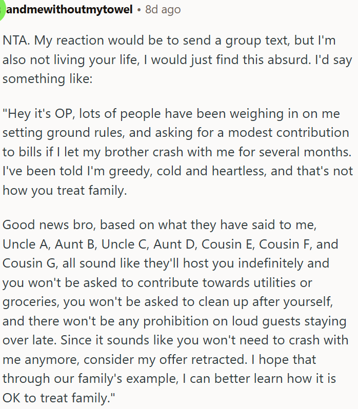 Family backlash after OP asks brother to follow rules and chip in for bills.