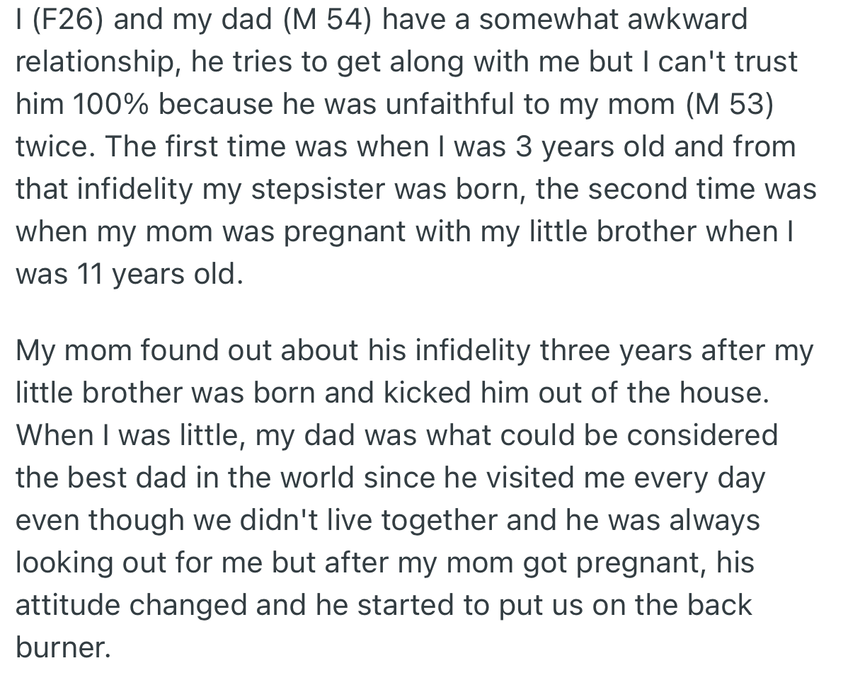 OP and her father had an awkward relationship due to her father's infidelity. The affair resulted in a child, which led to OP’s mom kicking him out of the house.