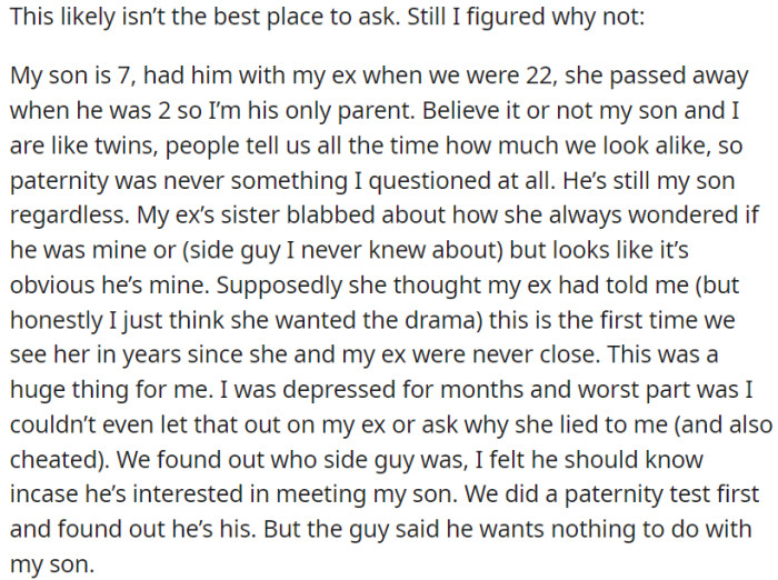 OP, a single parent, faced questions about his son's paternity from his late ex's sister. This disclosure prompted a paternity examination, which verified that OP's son shared a biological connection with another man. However, the biological father opted not to play a role in the child's life.