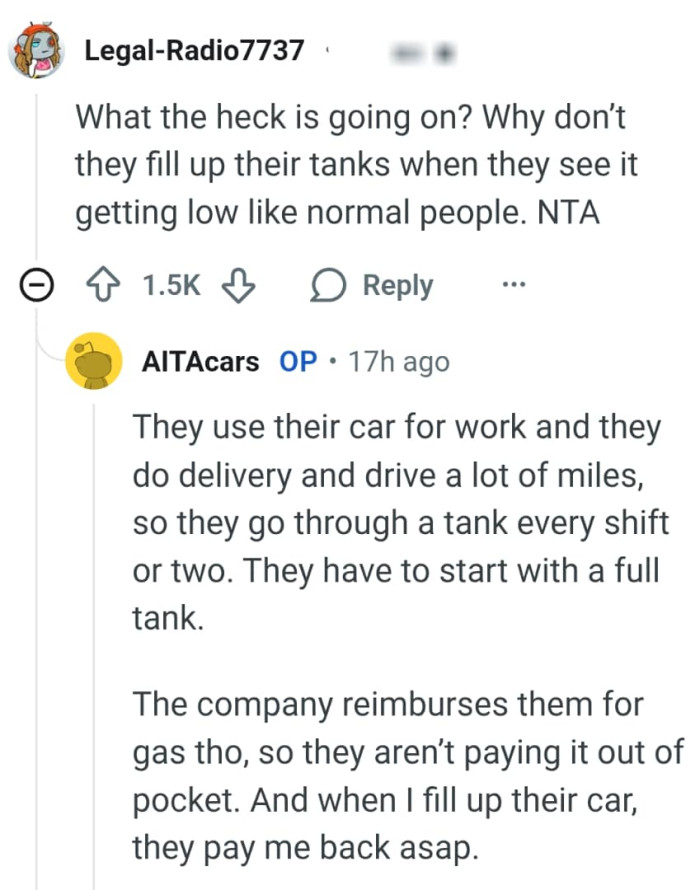 OP says the partner has to start with a full tank