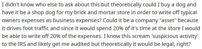They own a dog that spends a lot of time at their store and want to know if they can write off some of the expenses.