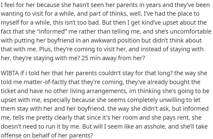 OP contemplates whether it would be wrong to express her concerns about the parents' extended stay