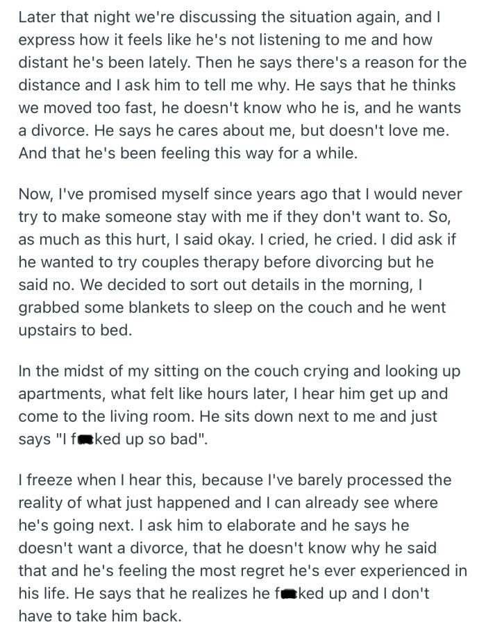 OP’s husband asked for a divorce, only to retrace his steps a few hours later