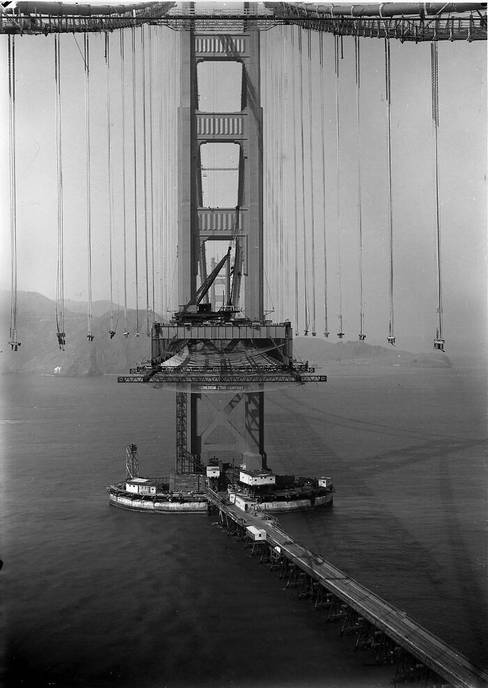 14. A Rare Mid-Construction Shot Of The Golden Bridge Being Built In California, 1935