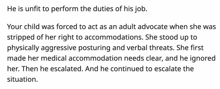 Amanda made her condition clear in a calm manner, but the teacher escalated the situation.