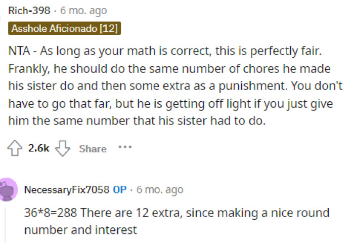 Many people told her immediately that this is a pretty fair punishment considering the fact that he hadn't done his chores for an entire month.
