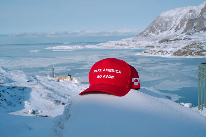 MAGA-style parody hats with “Make America Disappear” slogan, protest Greenland proposal