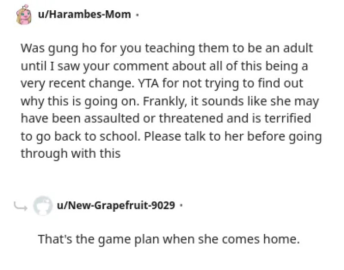 The parent suggests canceling their daughter's data plan to prevent skipping school