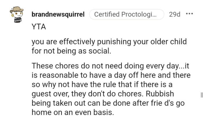 The OP is punishing her eldest son for not being social