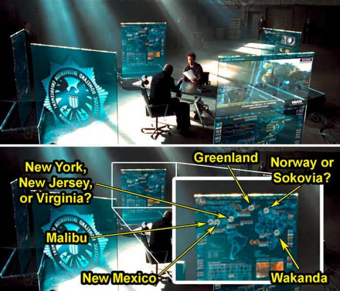 14. In 'Iron Man 2' we see a map in a S.H.I.E.L.D. facility that has significant places labeled that are featured in both previous and future MCU movies