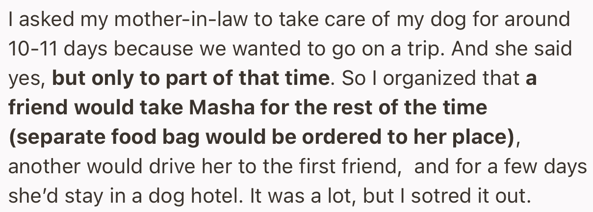 The OP has a properly planned dog-sitting arrangement with their MIL, which would see her care for the dog for a few days before the dog is moved to their friend.