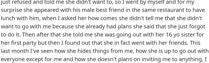 When she told him she was going on a trip with two friends for two days, he was upset because she never wanted to go out to have lunch or make a picnic with him, but is willing to do these things and spend money with others.
