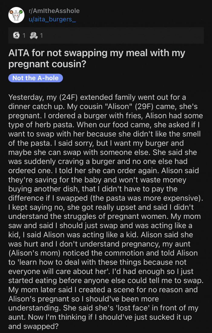 Here's the original Reddit post by u/aita_burgers_: