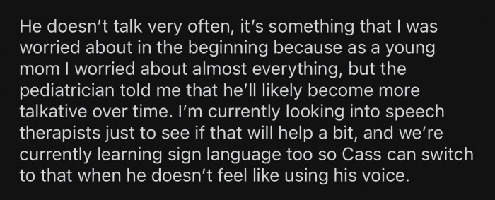 OP's son isn't that talkative, which is something that she has always worried about.