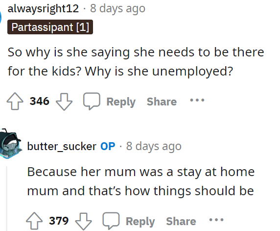 OP engaged in a conversation in the comments with a few people who had questions regarding their situation or his wife's perspective.