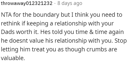 It's understandable to set boundaries, but she needs to reconsider maintaining a relationship with Dad if he consistently shows he doesn't value it.