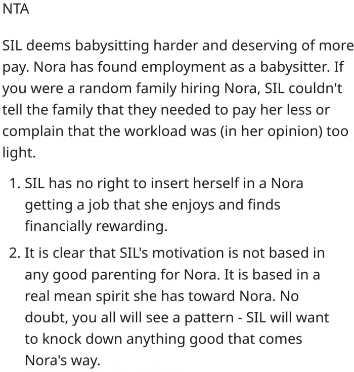 18. Her sister-in-law's response shows that she would always try to stop anything good from coming to Nora.