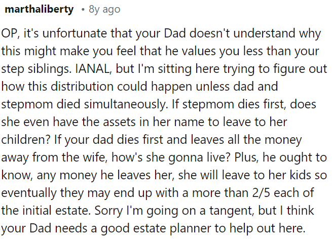 It's concerning that OP's dad doesn't recognize how this could make OP feel undervalued compared to her step-siblings.