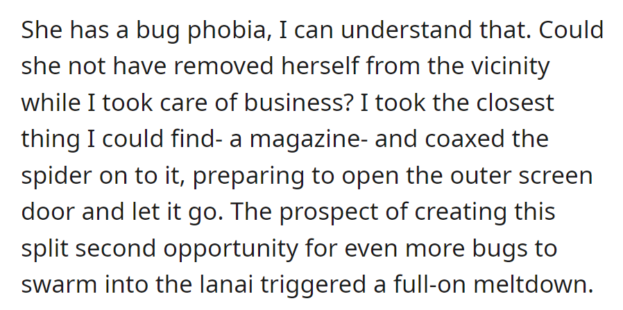 Understanding her bug phobia, OP's attempt to release a spider with a magazine triggered a meltdown over the fear of more bugs entering.