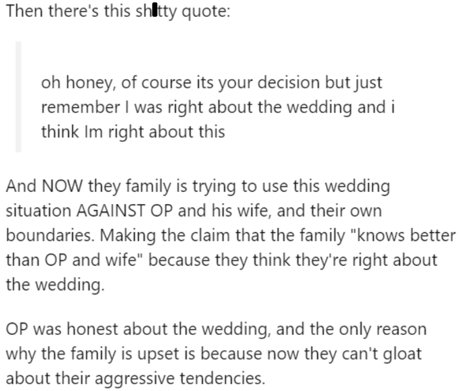 The in-laws wanted their moment during the wedding, and then they wanted to gloat.