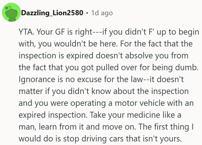 “Take your medicine like a man” — and maybe the bus next time.