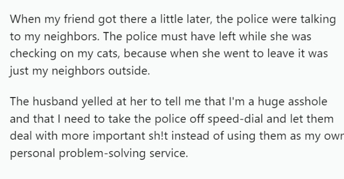 After the police left, the husband shouted at OP's friend, accusing OP of misuse of police services and calling her an unjustifiably difficult person.